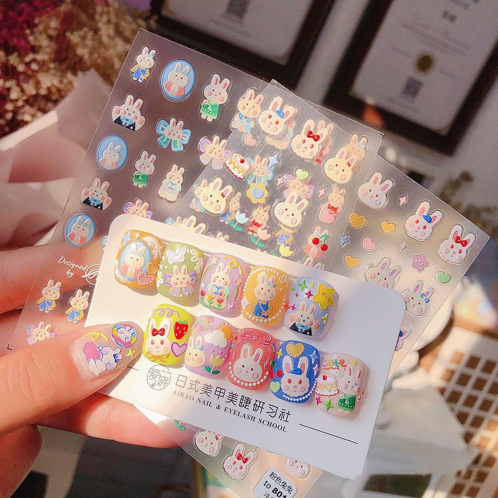 AUGUSTINA Agustina Nail Art Stiker Kawaii 5D Decal Pink Bunny Perekat Relief DIY Aksesoris Kuku