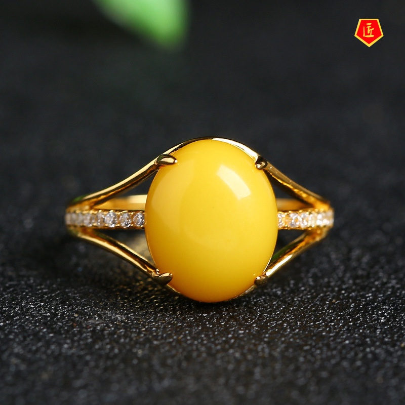 [Ready Stock]Canary Stone Inlaid Amber Ring 925 Silver Fashion Elegant