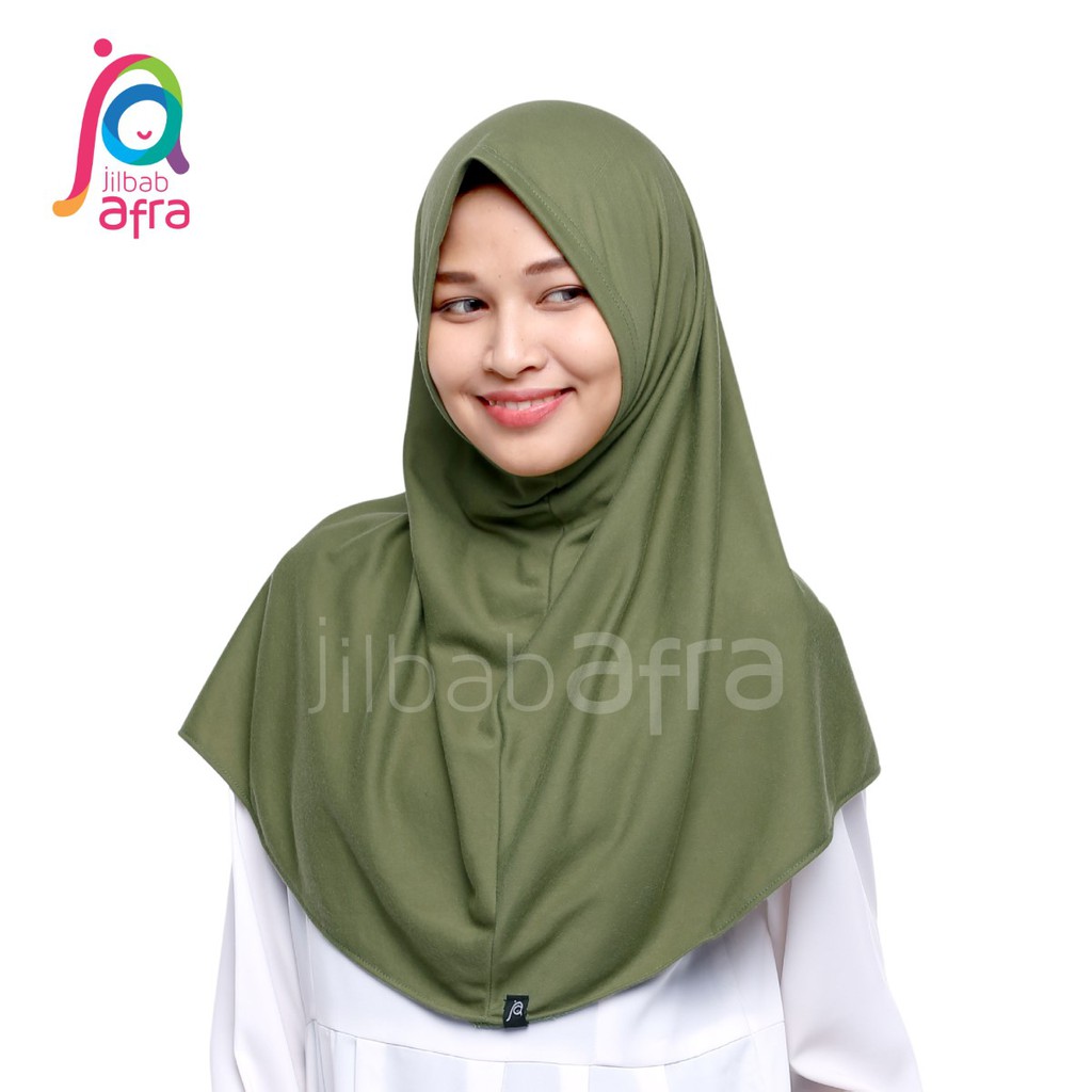 Jilbab Afra Syifa Hijau Army - Bergo Syiria Non Pet - Hijab Instan Bahan Kaos, Adem &amp; Lembut