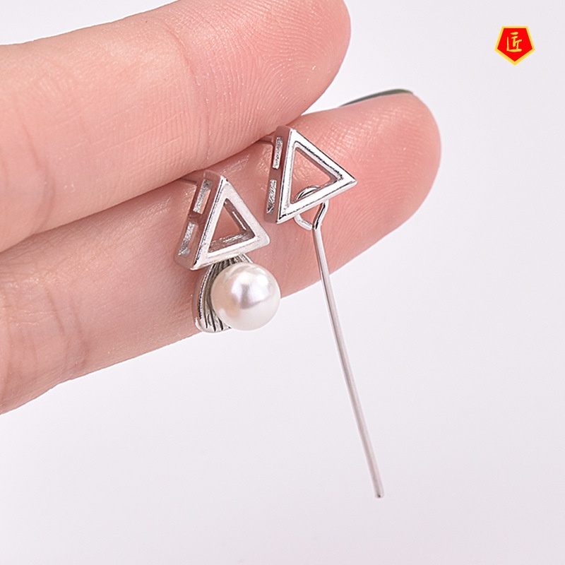 [Ready Stock]925 Silver Female Sweet Pearl Triangle Earrings