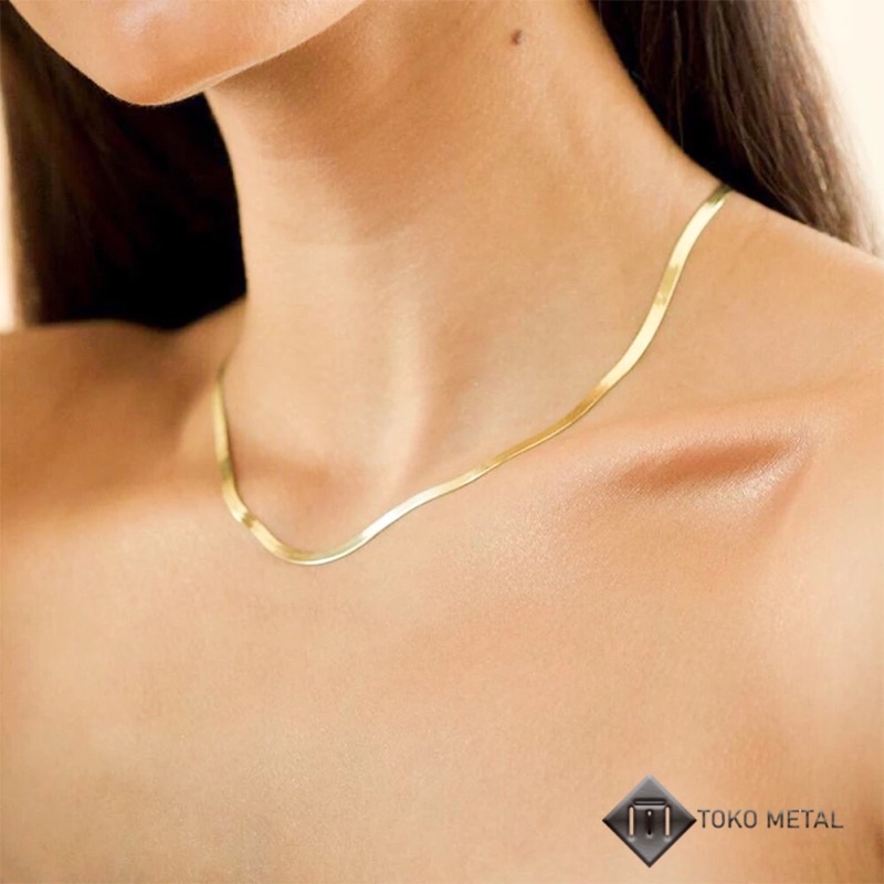 Kalung Titanium Pipih Gold Pria Dan wanita Anti karat 3 mm [ Toko Metal ]