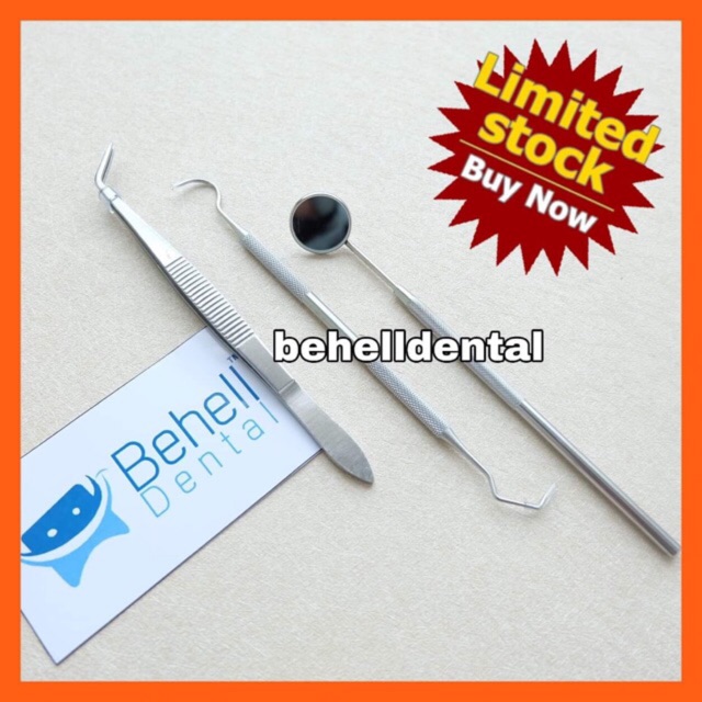 ALAT PEMBERSIH KARANG GIGI PLAK [ BESI ] Sonde Pinset Behel Bracket Kaca Mulut Set Instrument Mini Kit 3