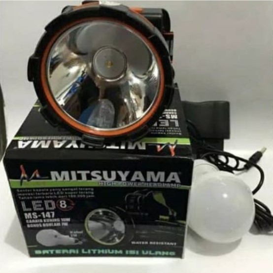 Senter Kepala Mitsuyama MS-147 Kuning 10 Watt Headlamp Tahan Air Charger Bonus Bohlam