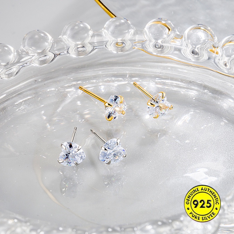 Anting Tusuk Sterling Silver Desain Hati Hias Zircon Untuk Wanita