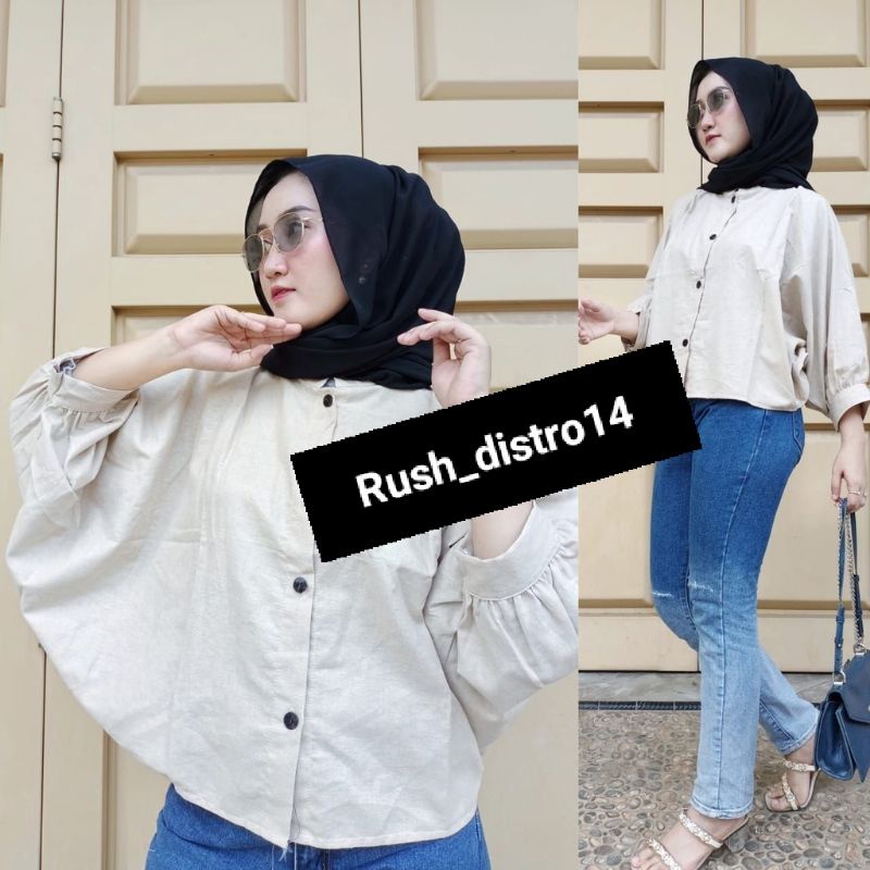 Outer Balon Flanel Grid Andin Batwing Linen Kemeja Crop top