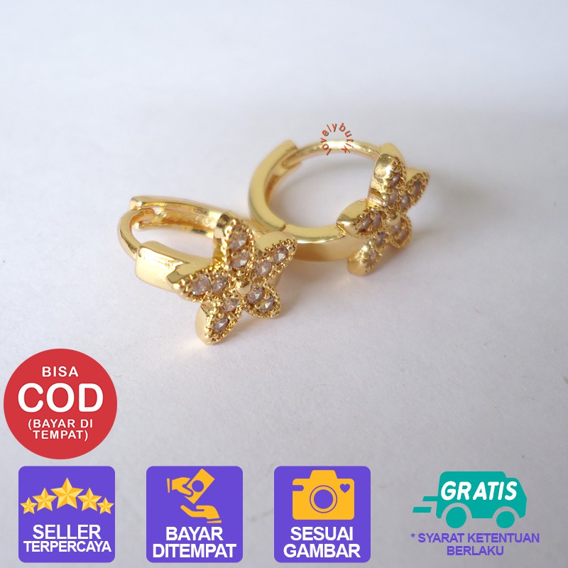 Lovelybutik Anting Xuping Jepit Wanita Gold Model Permata Soka Warna Emas