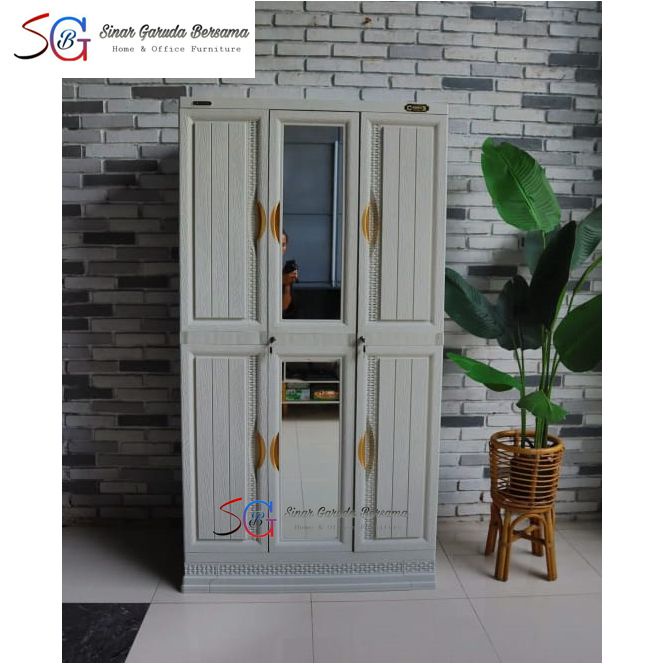 LEMARI PLASTIK 3 PINTU + KACA WARNA PUTIH NAPOLLY / LEMARI PAKAIAN 3 PINTU PLASTIK TAHAN AIR