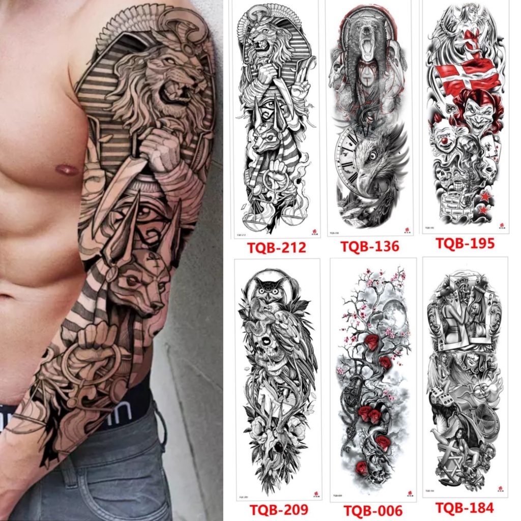 Grosir Stiker Tato / Tato Temporer 17x48cm Motif Aesthetic Tatto Temporary Tato Halal Tato air Berbagai motif kartu poker bunga burung hantu  beruang perempuan singa tengorak