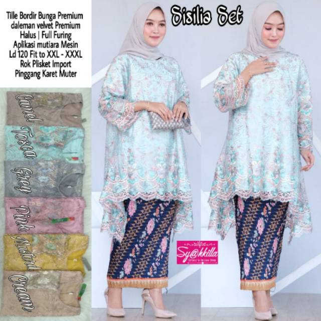 Kebaya Set Tille Bordir Bunga Premium Furing Aplikasi Mutiara Ld 120Cm Rok Plisket
