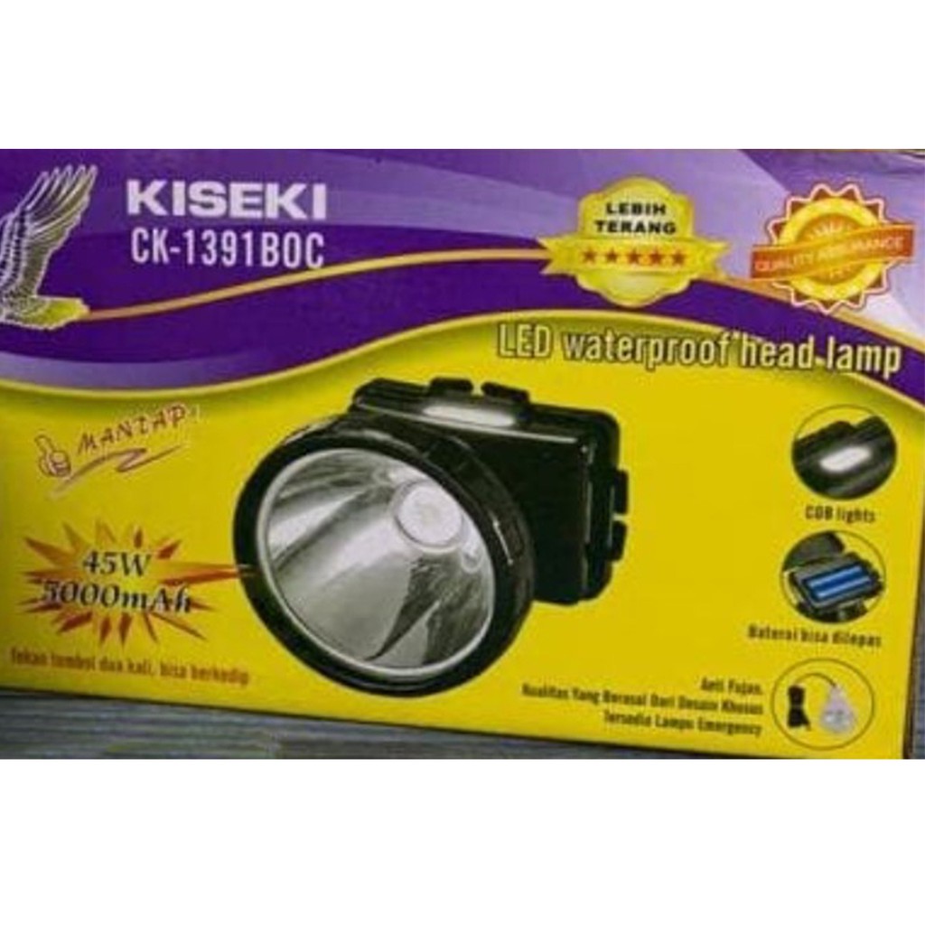 Senter Kepala Kiseki CK 1391BOC 45 Watt Headlamp putih Charger Gratis Bohlam