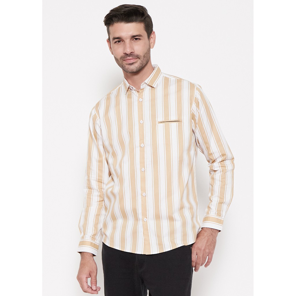 GTS Kemeja Pria Salur Stripe Panjang Warna Kuning 1199