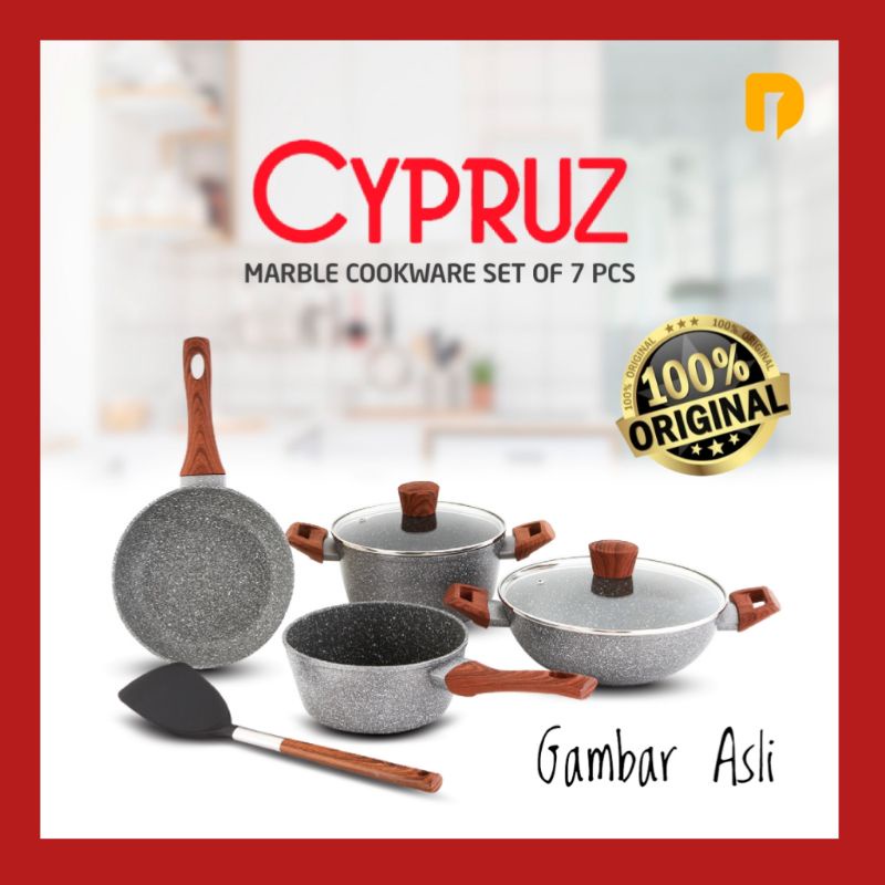 Cypruz Teflon Marble | Teflon Anti Lengket Cypruz Marble Cookware Set 7 Pcs