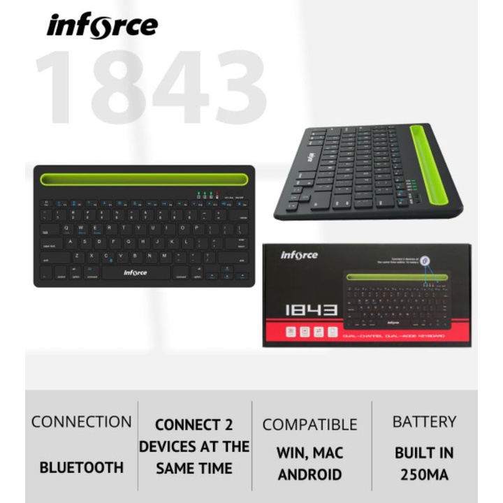 KEYBOARD BLUETOOTH INFORCE 1843 - KEYBOARD BLUETOOTH ANDROID, MAC, WIN - INFORCE KEYBOARD BLUETOOTH 1843 MULTI DEVICE CHARGE HP TABLET