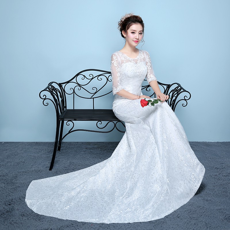 Women Simple White Lace Mermaid Wedding Dress Import Dari China Fishtail Bridal Dress Gaun