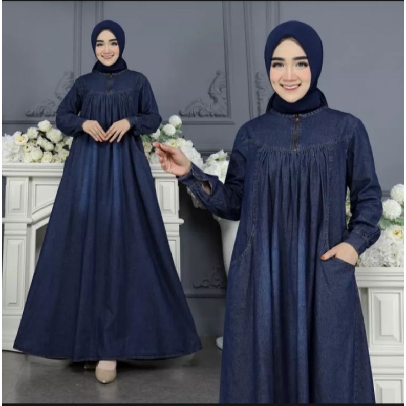 bisa cod/gamis jeans kekinian 2022/gamis jeans terlaris 2022/gamis jeans jumbo/gamis import