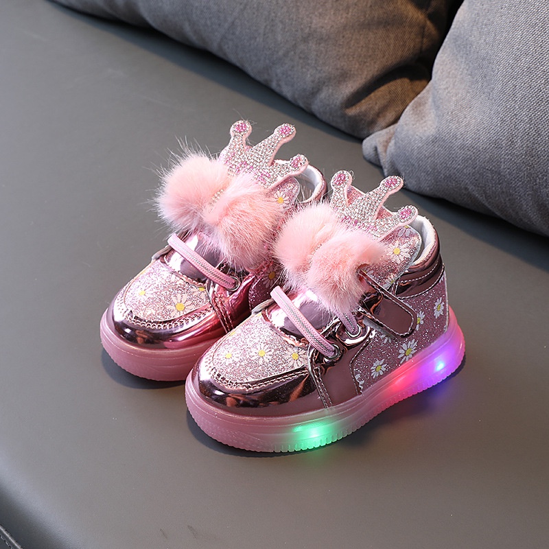 CG LED16-Sepatu Lampu LED Anak Perempuan Fur Crown