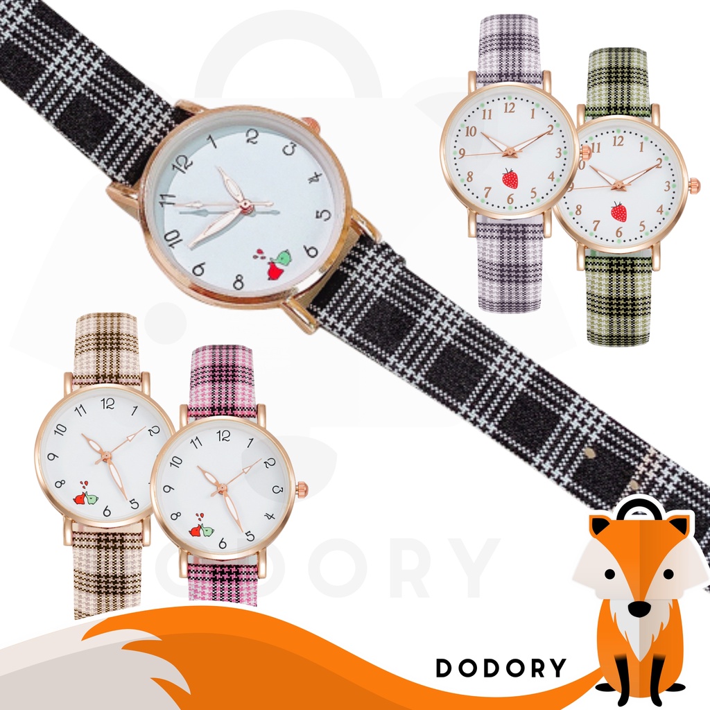 DODORY J185 Jam Tangan Wanita Kotak-Kotak Tartan Motif Stroberi Woman Watch Fashion