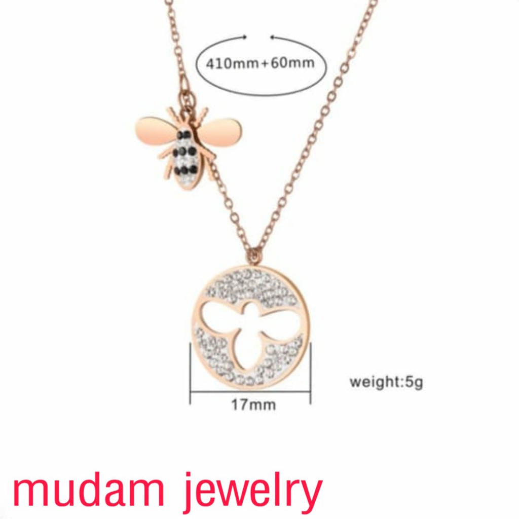 Kalung Titanium Swar Bee Kristal Merah dan Putih Rose Gold Lapis Emas 18K