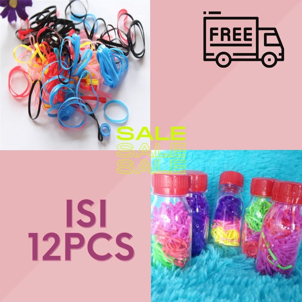 [ISI 12PCS] LOT IKAT RAMBUT POLOS GELANG KUNCIRAN IKET HEAD-BAND BAHAN KARET WARNA WARNI MURAH