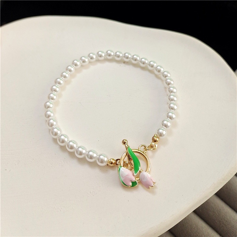 【COD Tangding】Gelang Tangan Rantai Aksen Bunga Tulipmutiara Imitasi Gaya Vintage Untuk Wanita