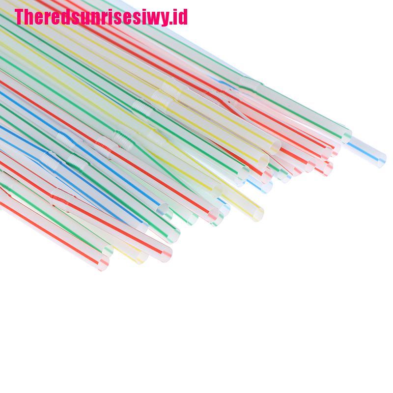 100pcs Sedotan Plastik Flexible Sekali Pakai Motif Garis Warna Pelangi