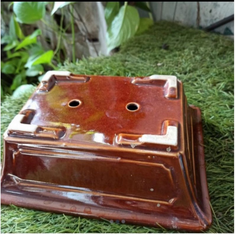 pot kembang Oriental antik model segi empat 22cm /17cm keramik coklat