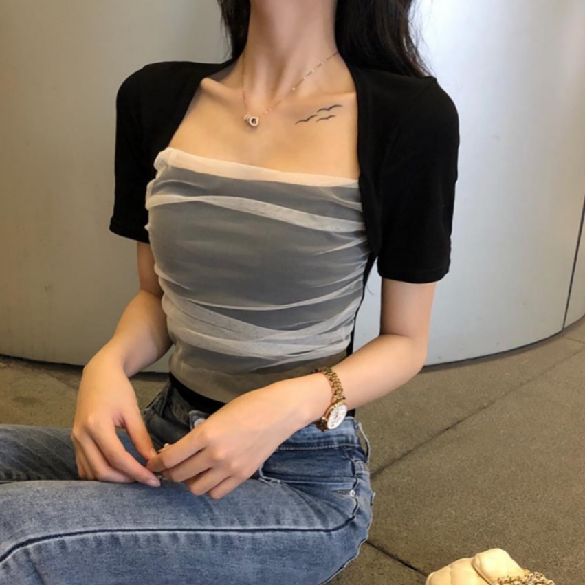 Hong Kong rasa leher persegi mesh jahitan top body repair bottoming kemeja T-shirt wanita