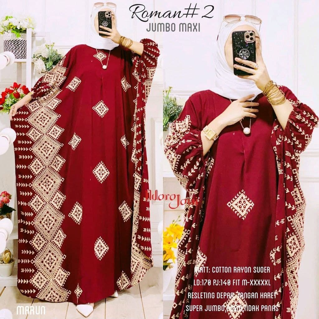 Roman Kaftan Wanita Jumbo Rayon Premium Gamis Dress Batik Kekinian Bigsize LD 148 cm