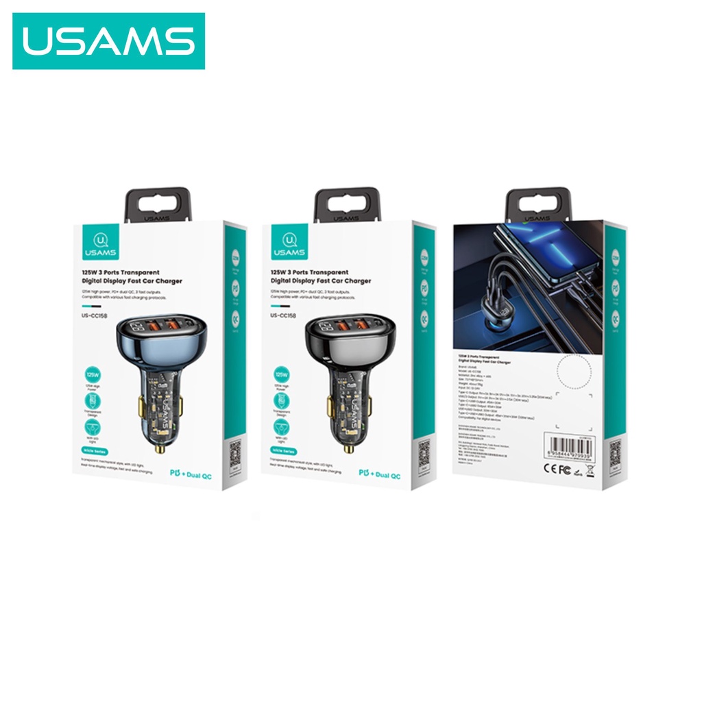 USAMS CC158 Car Fast Charger Mobil Transparent Digital Display 125W