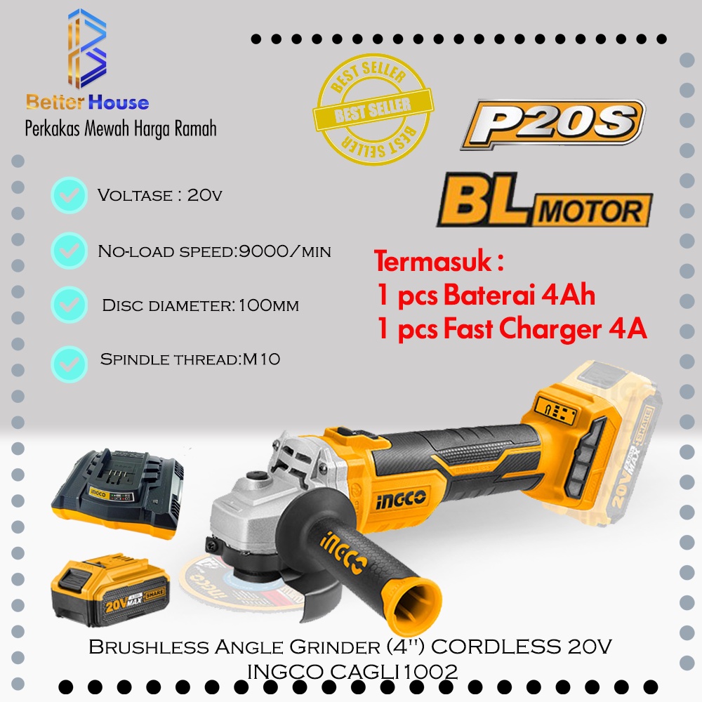 GRENDA GERINDA 4" ANGLE GRINDER CORDLESS BRUSHLESS INGCO CAGLI1002 BATERAI FBLI2002 4Ah + Cas FCLI20