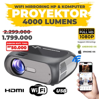 Proyektor Projector Wifi Mirroring Miracast Android & IOS - 4000 Lumens LED Support 1080p FullHD