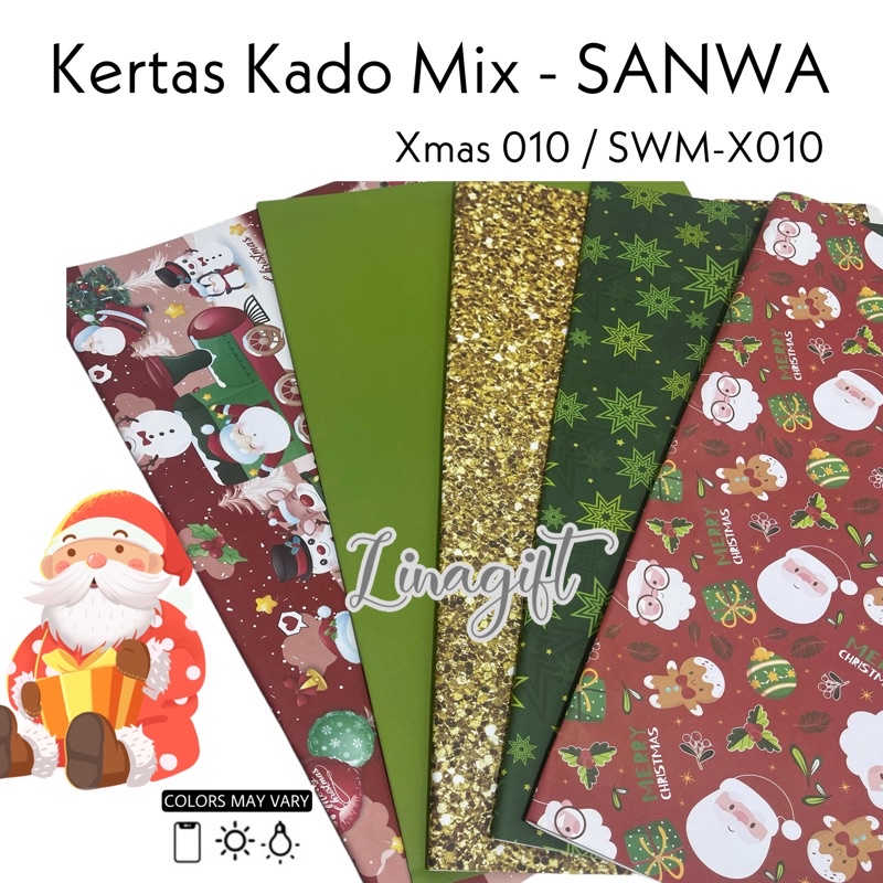 ( 5 Lembar 5 Motif ) XMAS MIX SANWA - KERTAS KADO NATAL - GIFT WRAP PAPER SANSAN WAWA CHRISTMAS SANTA / SNOWMAN / POHON NATAL / RED / GREEN / GOLD