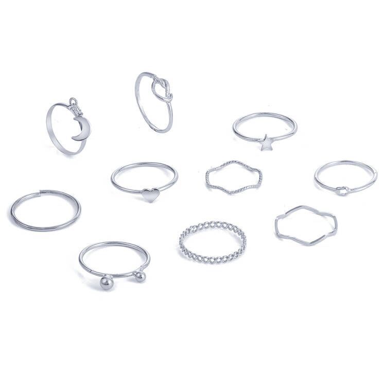 10 pcs/set Trendy Women Jewelry Alloy Silver Moon Heart Star Finger Ring Set