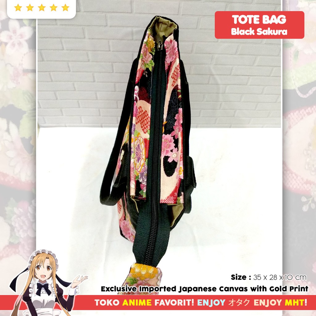 Tas Tote Bag Jepang Canvas Kanvas Impor Hitam Black Sakura