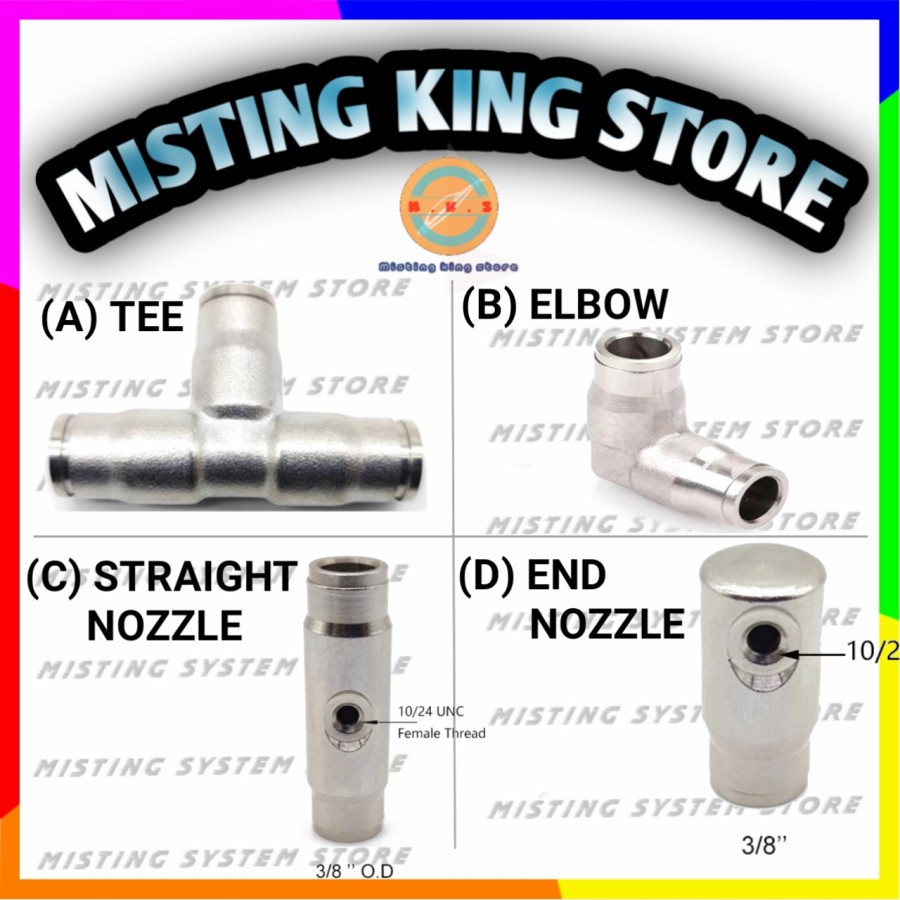 FITTING MISTING 3/8 MIST NOZZLE JOINER ELBOW TEE T END PLUG SLIP LOCK