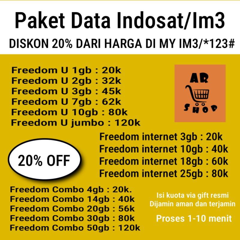 INJECT KUOTA UNLIMITED NDOSAT/IM3 VIA GIFT DISKON 20%