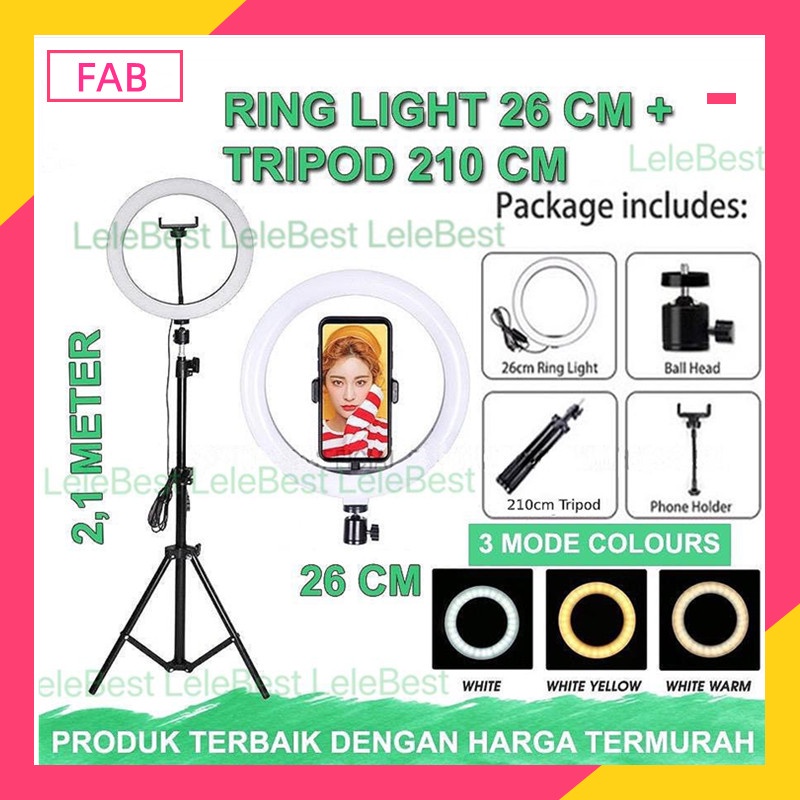 FAB perangkat pencahayaan Paket Komplit Ringlight 26cm + Tripod 2,1 Meter Make Up Vlog Lampu Ringlight