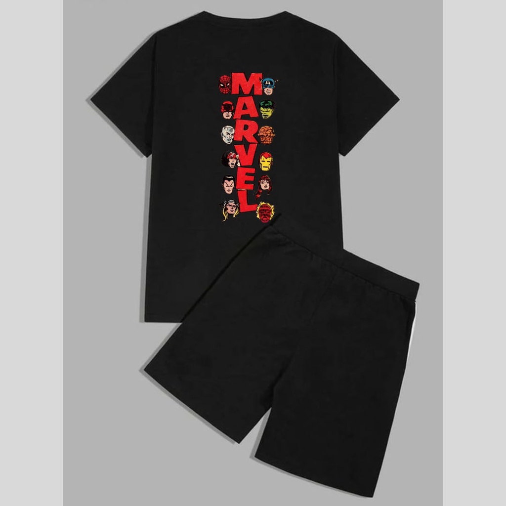 Clothing May - 1 SET Marvel 1 Set One Set Oneset Satu Pasang Satu Setel Fashion Sepasang Kaos Koas Set Boxer Distro Kekinin T Shirt Tshirt T-Shirt Premium Murah Unisex Sablon Dtf Murah Celana Pria Pendek Tali Kolor Bokser