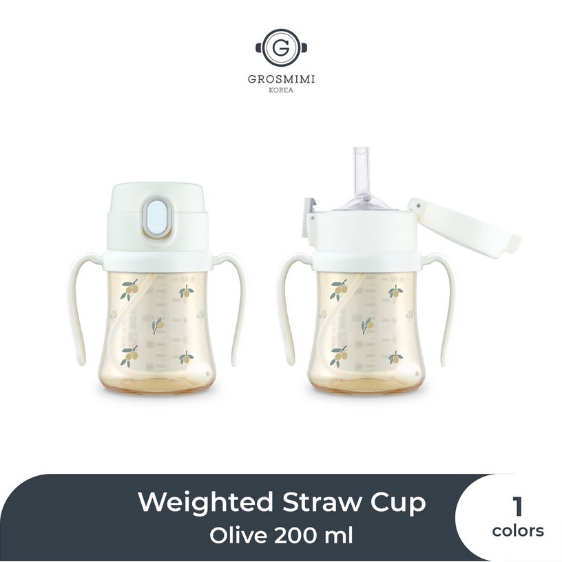 Grosmimi PPSU Olive Weighted Straw Cup 200ml / 300ml - Botol Minum Anak Dengan Pegangan Baby Bottle with Handle Pemberat