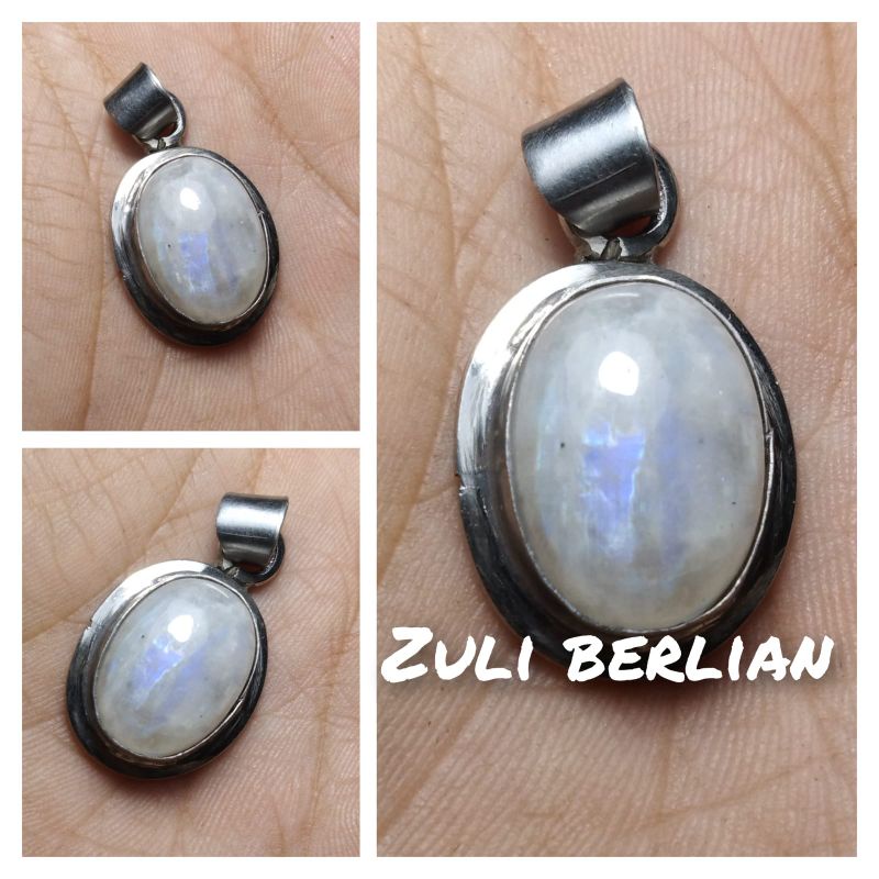 Liontin batu moonstone Biduri laut kerlap kerlip biru ring monel