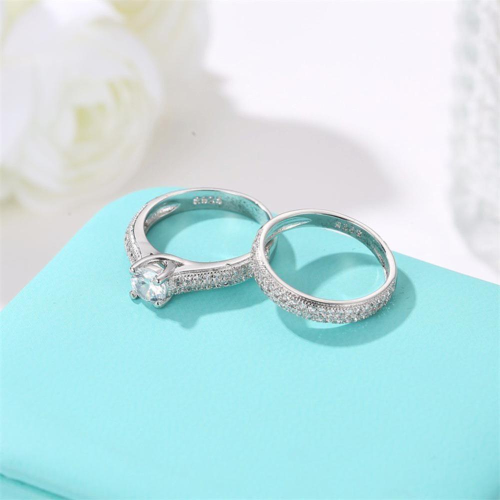 Timekey 2Pcs / Set Cincin Wanita Hias Zircon Gaya Klasik Untuk Pertunangan / Pernikahan A8K9