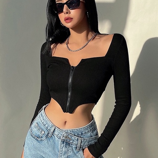 【AMY J】Square Neck Long Sleeve Zip Up Hanky Hem Crop Top 7062 （S/M/L）