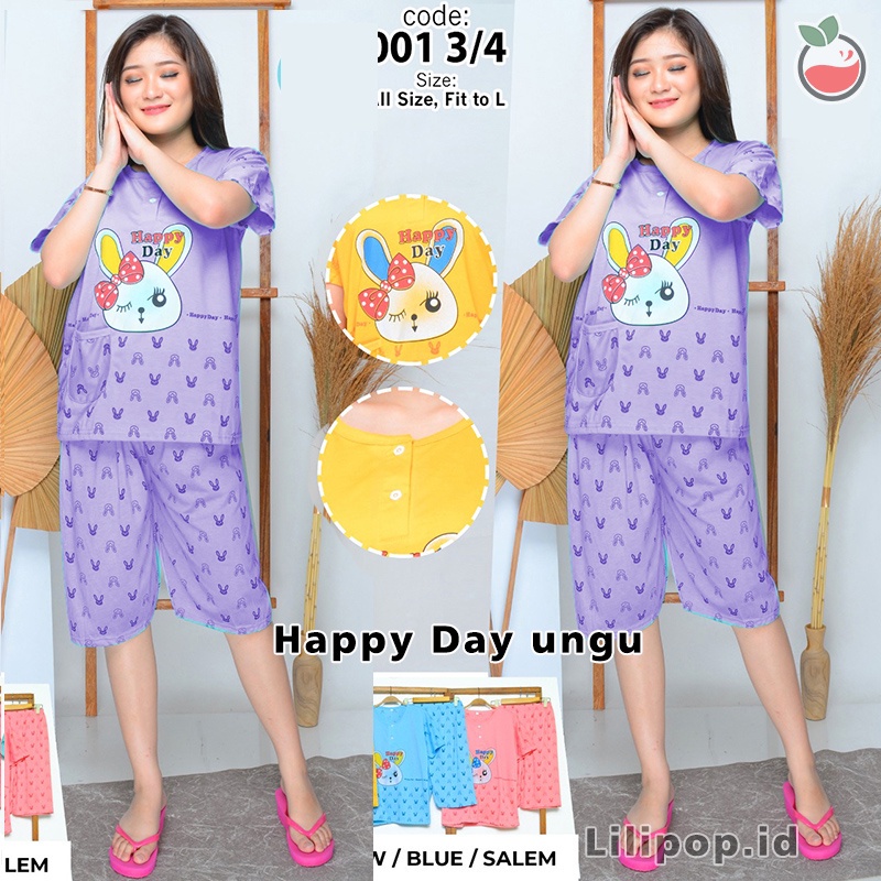 Lilipop.id  Baju Tidur Wanita 3/4 ALL SIZE STANDAR Happy Day Setelan Piyama BabyDoll Kaos Celana Pendek