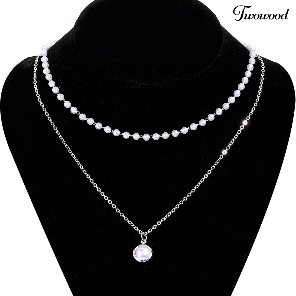 Kalung Rantai Klavikula Model Double Layer Aksen Mutiara Bahan Alloy Untuk Wanita