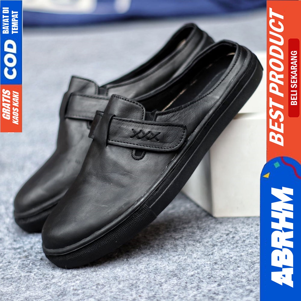 ABRHM JLOP Sepatu Sandal Casual Sneakers Kulit Bustong Tutong Pria Hitam