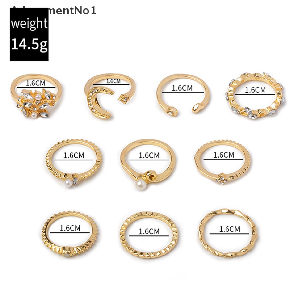 (AdornmentNo1) 10pcs / set Cincin Bentuk Bunga / Daun / Bulan / Bintang / Geometri Aksen Kristal / Mutiara Untuk Perhiasan Wanita