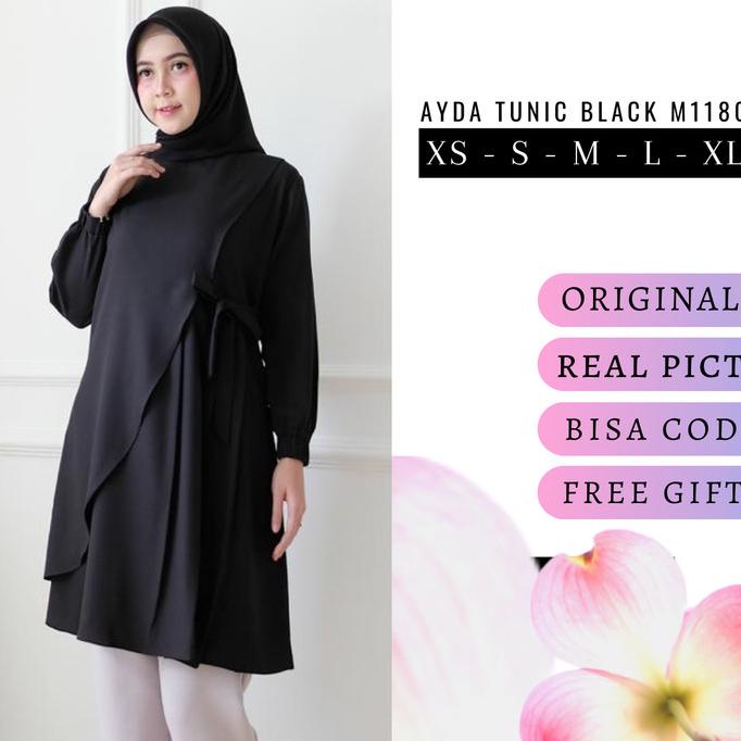 BLOUSE WANITA TUNIK WANITA MUSLIM TUNIC HITAM POLOS XS / S / M / L / XL AYDA M1180 TERBAIK