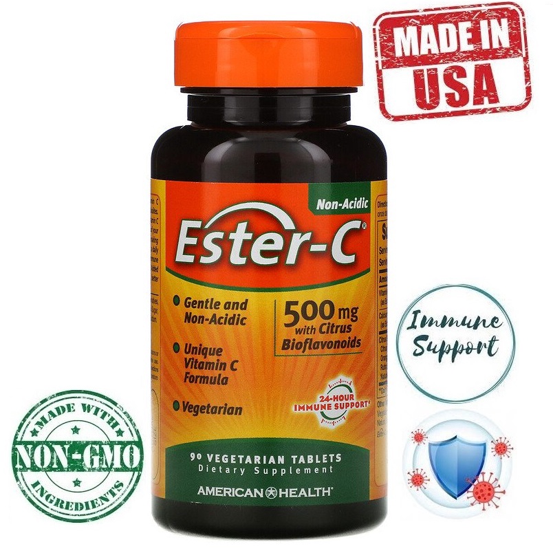 American Health 90 Vege Tablets Ester-C Vitamin C 500mg, Non-Acidic, Non-GMO, Citrus Bioflavonoid