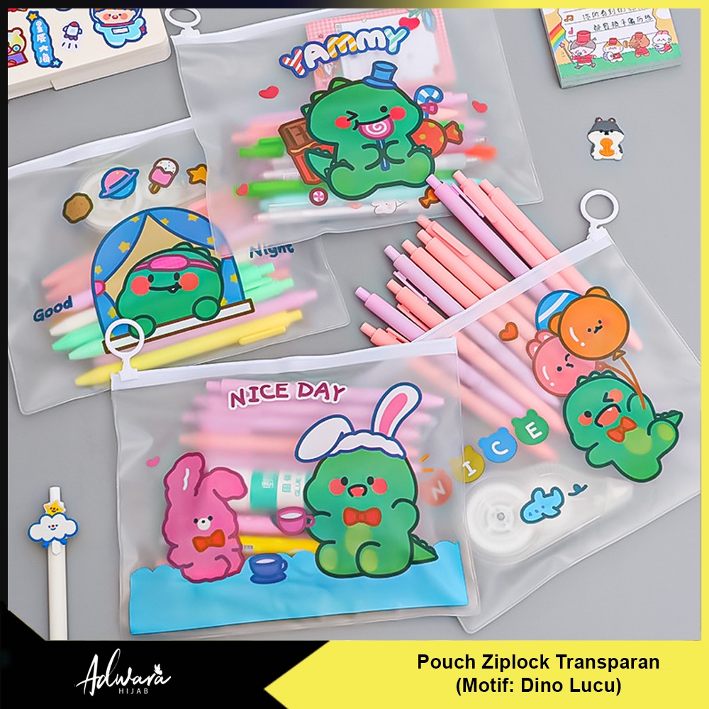 Travel Pouch Ziplock Motif Dino Lucu Anti Air / Tempat Penyimpanan Serbaguna Transparan