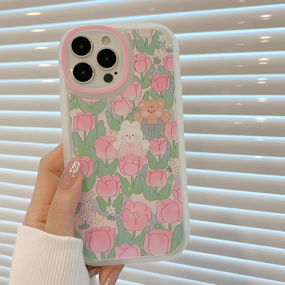 IPHONE Kartun Kelinci Dan Beruang Dengan Tulip Transparan Putih Casing Ponsel Cover Untuk Iphone7 8 PLUS X XR XS 11 12 13 14 MINI PRO MAX SE 2020